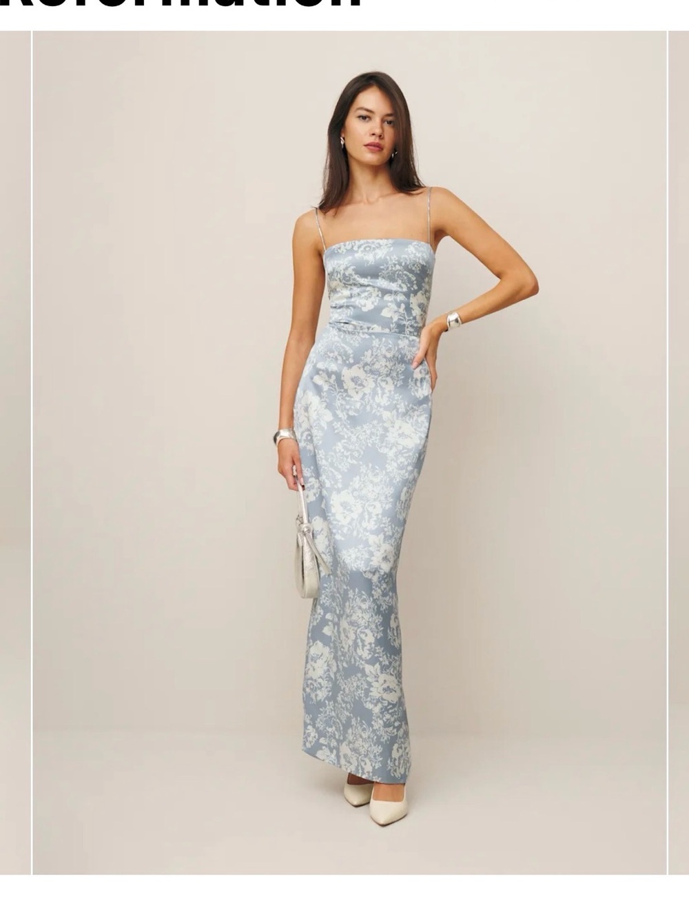Reformation Powder Blue Floral Satin Strapless Maxi Dress